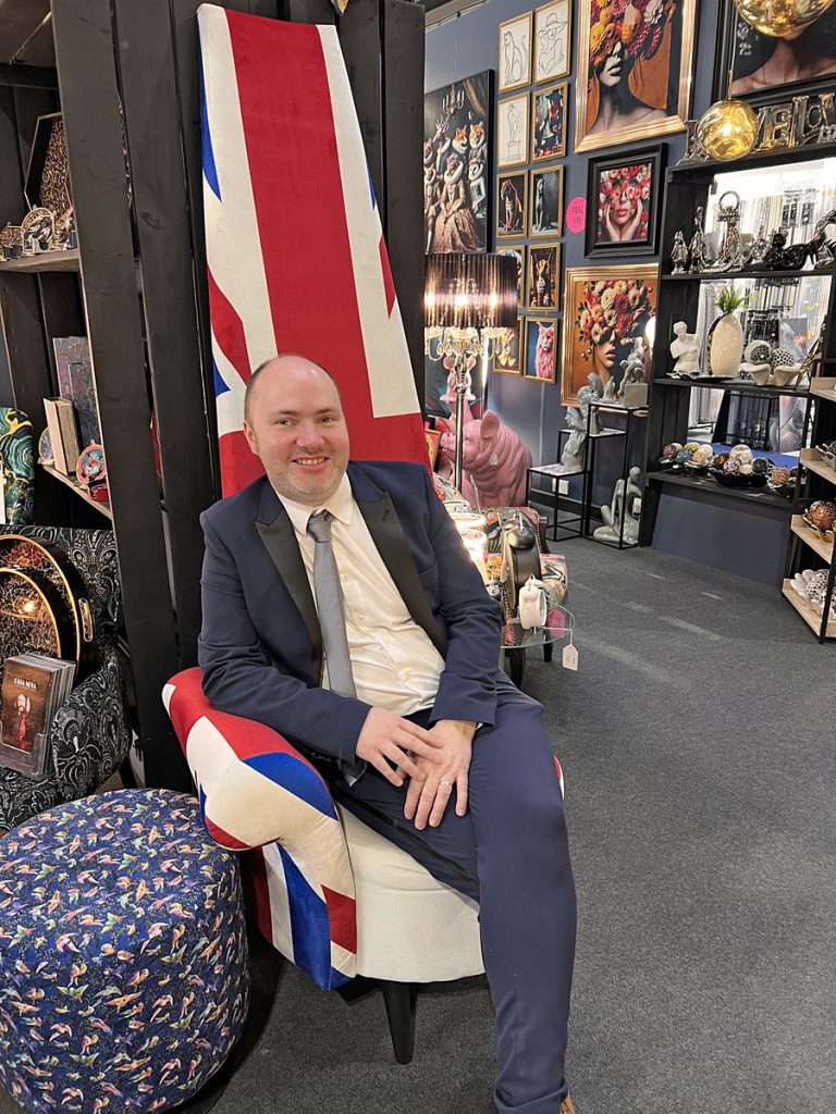 Lee on the Union Jack Potenza Chair at the Spring Fair 2025
