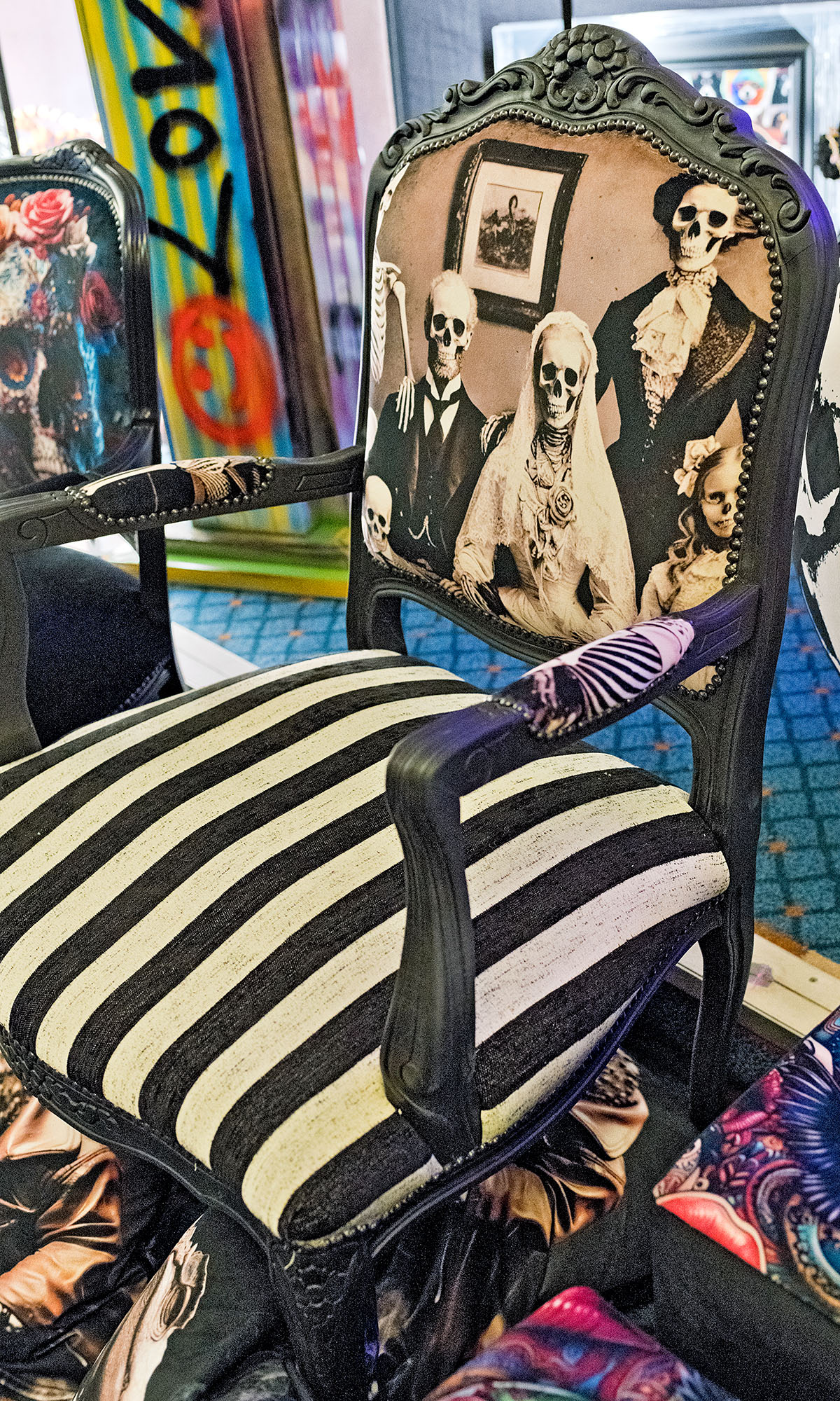 Black and white striped skeleton family photo chair